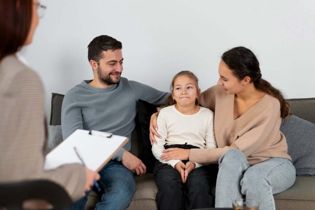 Family court lawyers advising parents during a child custody case.