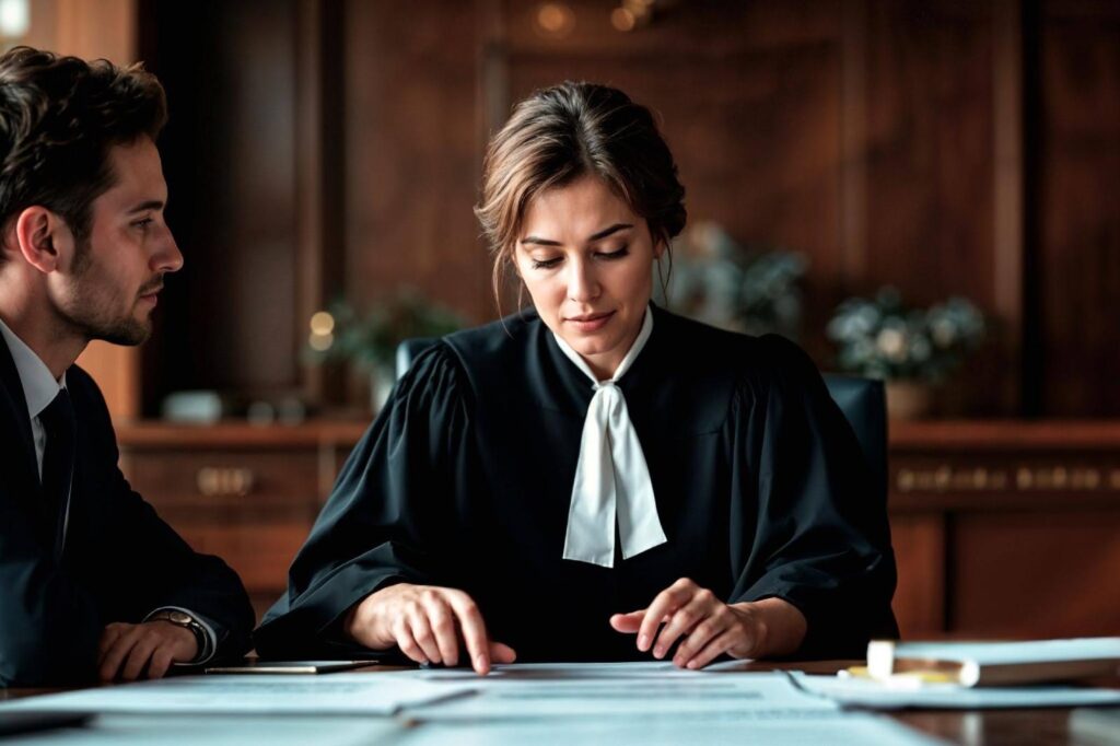 A Muskegon criminal defense attorney reviewing legal documents and discussing case details with a client in a law office.